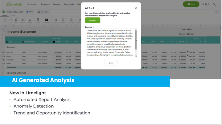 Limelight’s AI-generated analysis feature snapshot