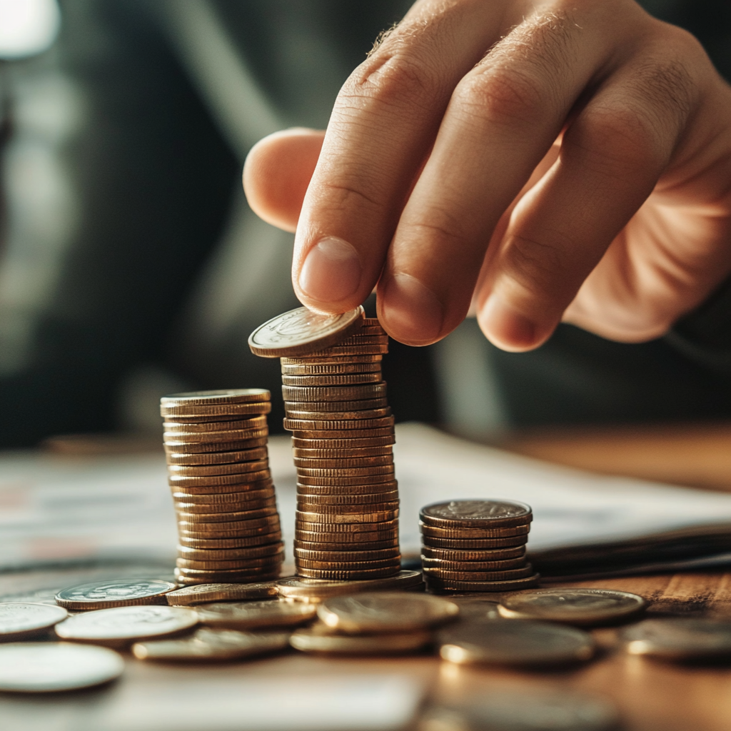 a photo of a hand stacking coins