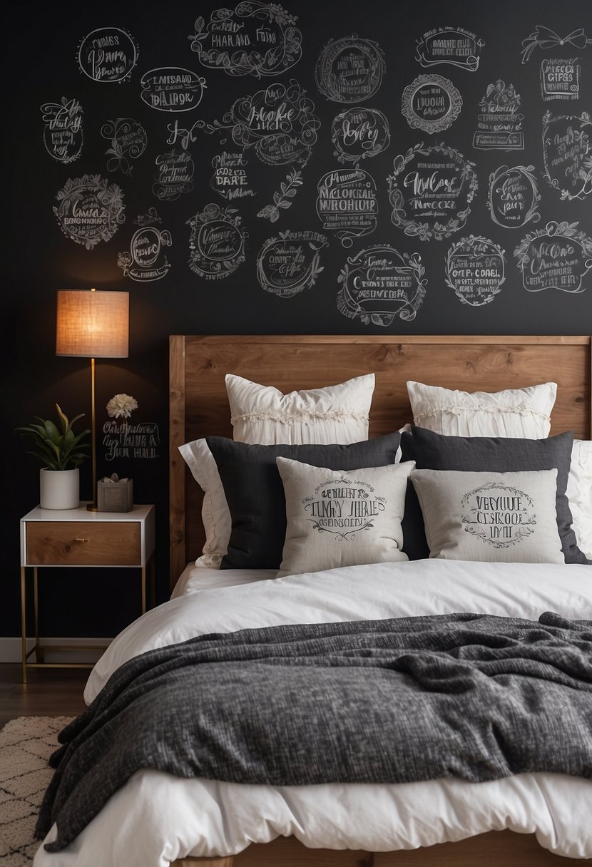 A bedroom with a chalkboard-painted accent wall, adorned with creative doodles and inspirational quotes. Cozy bedding, soft lighting, and decorative accents complete the inviting space