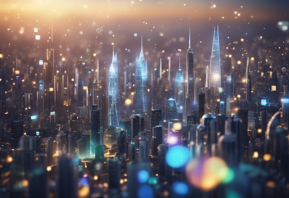 A futuristic city skyline with holographic SEO data projections and advanced technology integrated into the architecture