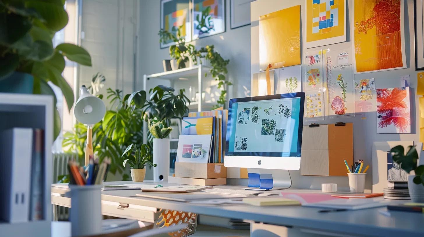 a sleek, modern office workspace showcases a dynamic brainstorming session, with vibrant mood boards and branding materials strategically displayed, embodying the essence of innovative branding strategies and creative collaboration.
