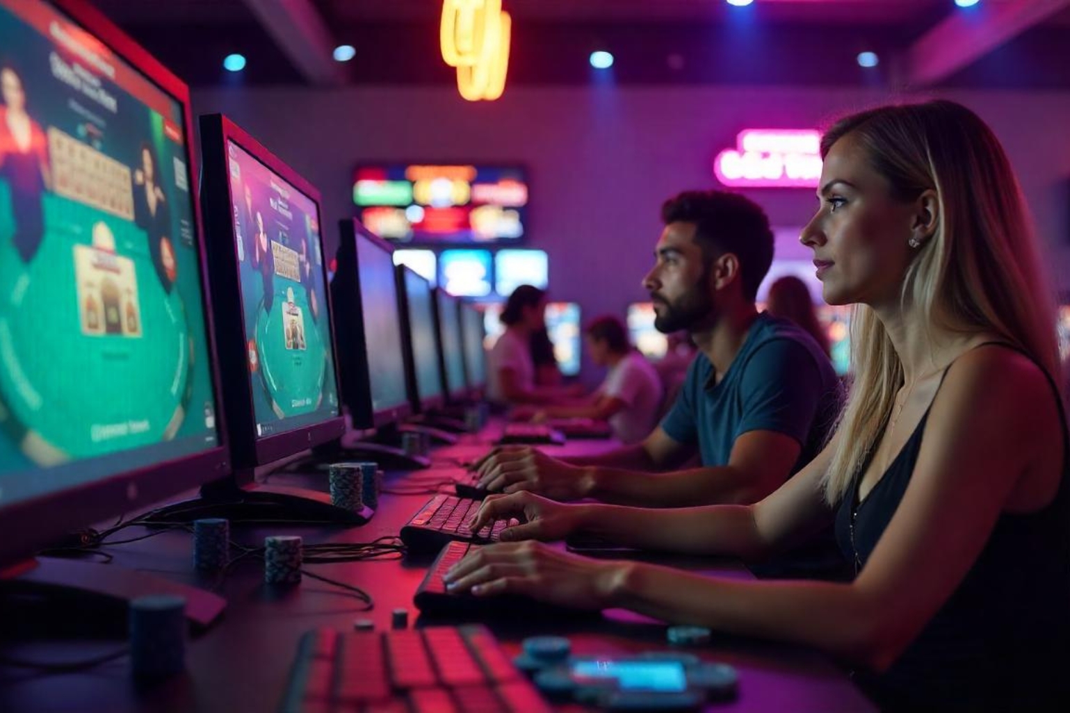 people enjoying interactive online casino games on their computers.