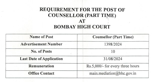 Bombay High Court Counsellor Recruitment 2024 | बॉम्बे हाई कोर्ट काउंसलर भर्ती 2024