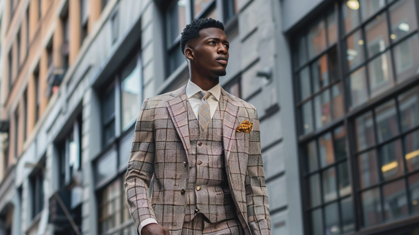 A man in a patterned suit with a subtle windowpane or check design in muted colors. He’s walking downtown with a confident expression, showcasing his unique and stylish outfit.