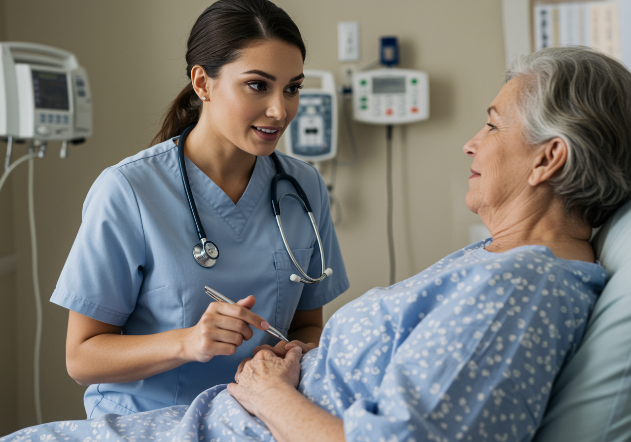A nurse educating a patient about her condition