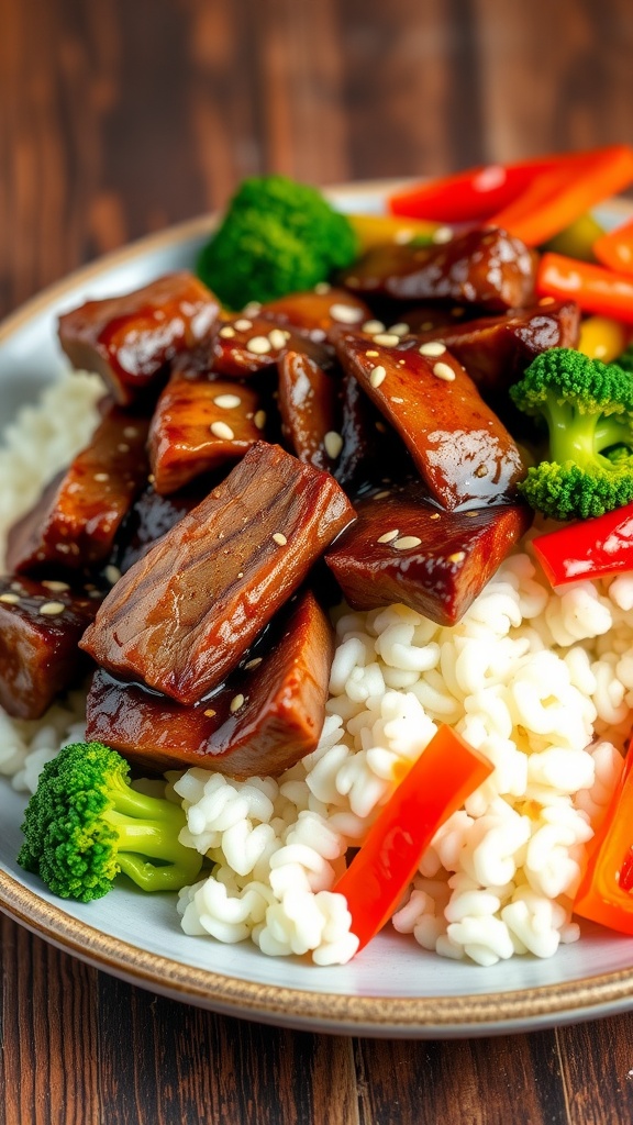 A plate of beef teriyaki with beef strips in teriyaki sauce, served with rice and vegetables on a rustic table.