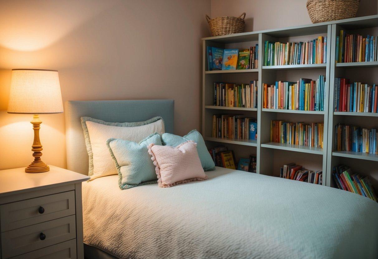 A cozy bedroom with soft, pastel-colored bedding and a shelf filled with children's books. A warm lamp casts a gentle glow, creating a peaceful atmosphere for bedtime storytelling