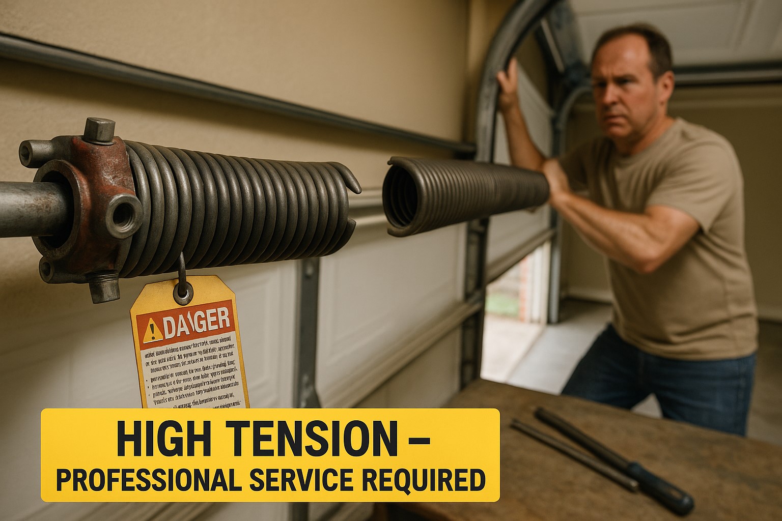 Homeowner near a broken high-tension garage door spring with warning tag, emphasizing the danger and need for emergency garage door repair.