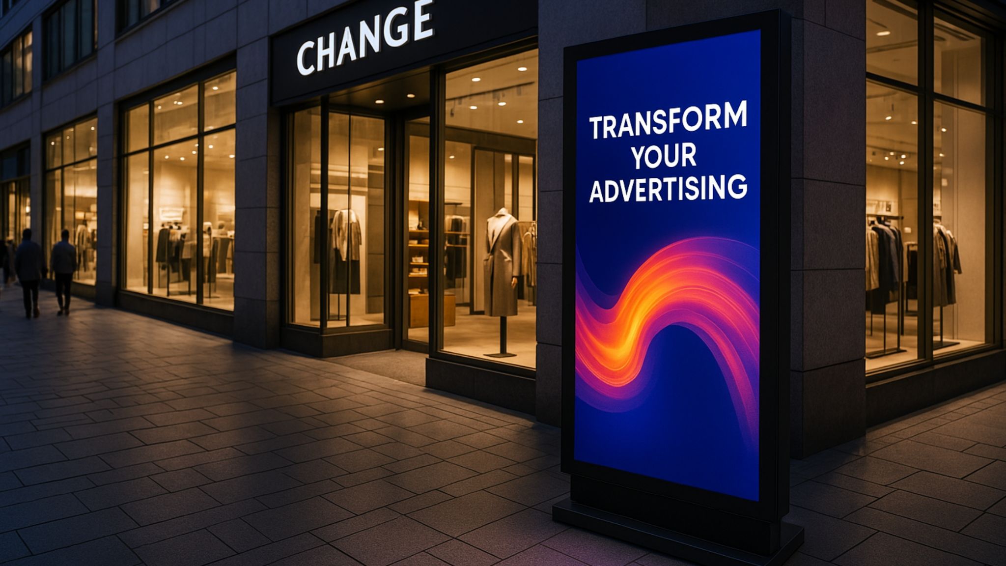 Transform your brand impact with DAC Qatar – Premier advertising company in Qatar Modern digital advertising screen outside a clothing store with the message 'Transform Your Advertising' by DAC Qatar – advertising company in Qatar