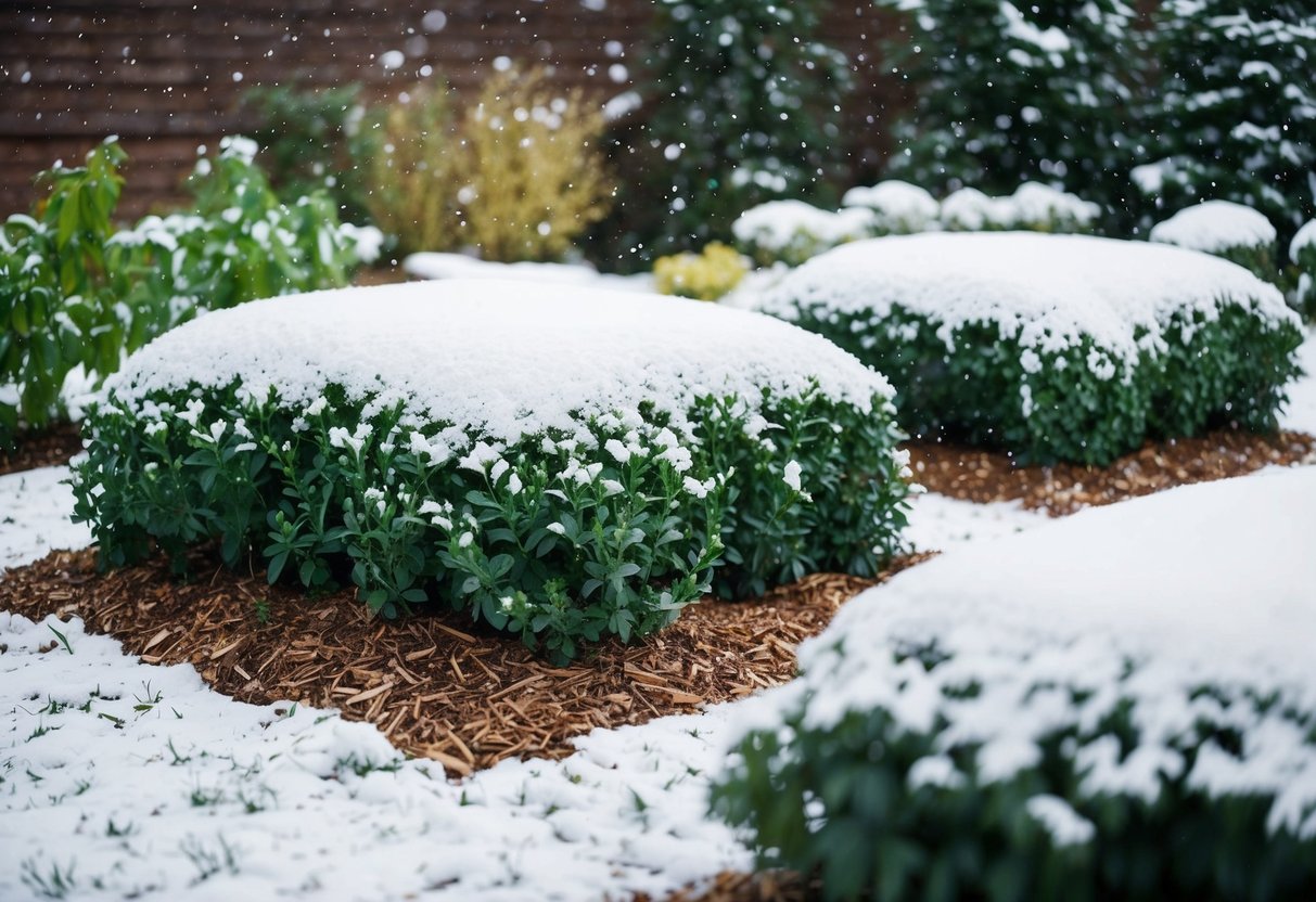 A garden covered in a thick layer of mulch, with snow falling and plants peeking out from beneath the protective layer