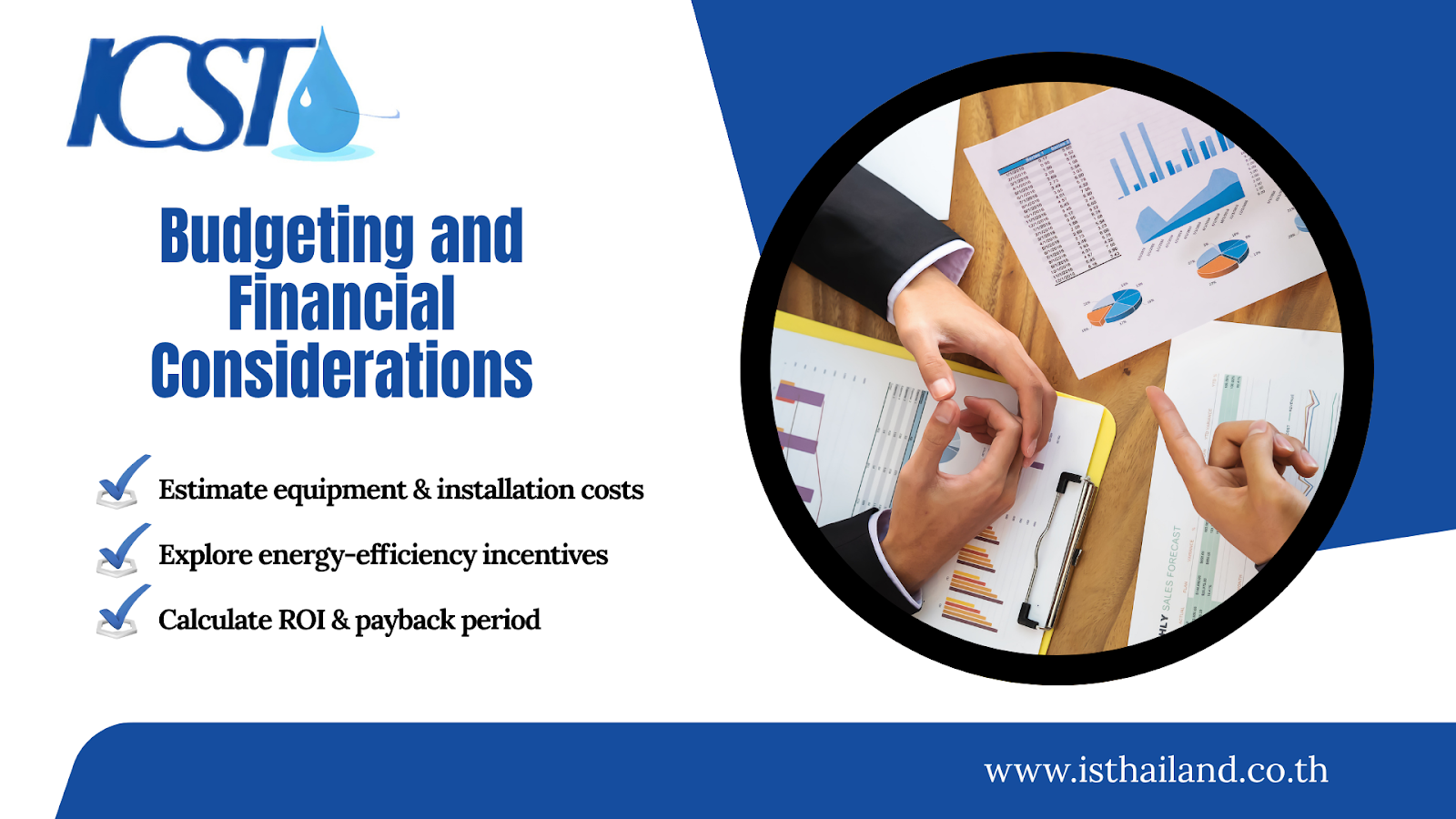  A graphic titled "Budgeting and Financial Considerations" with a checklist for estimating costs, exploring incentives, and calculating ROI for industrial projects, featuring hands reviewing financial documents.