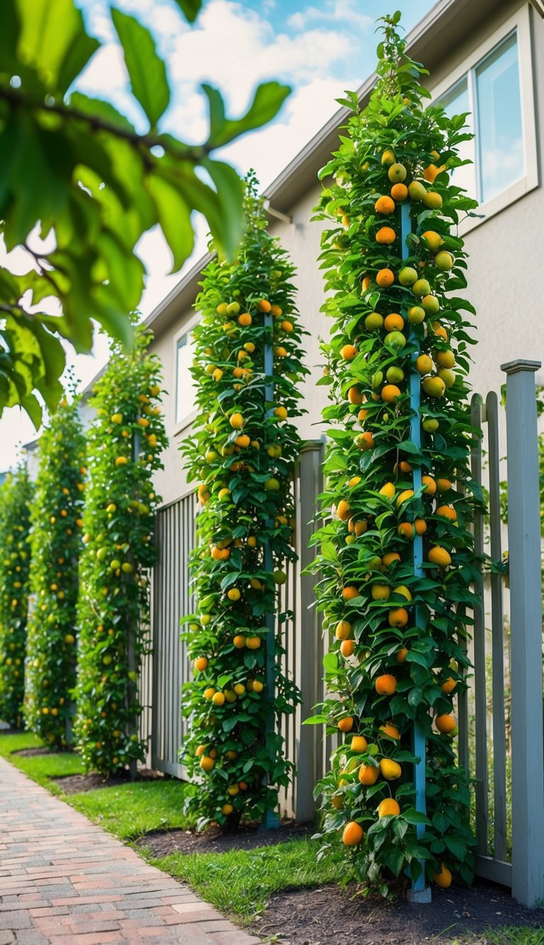 A row of espalier fruit trees creates a natural privacy barrier between two houses. The trees are neatly trained against a lattice or wall, with lush green foliage and colorful fruits