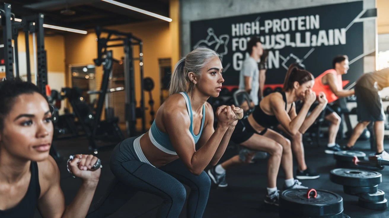 People exercising in a gym, lifting weights, doing resistance training, and performing bodyweight exercises, with motivational posters about a high-protein diet for muscle gain.