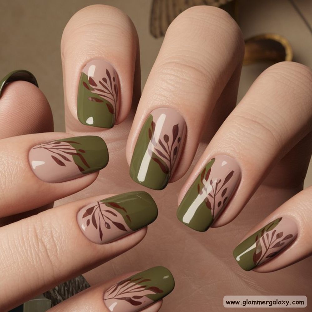 Korean fall nails having Earthy Green and Brown
