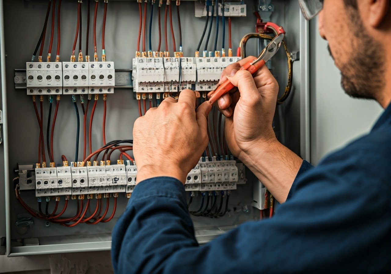 Electrician maintaining electrical panel.