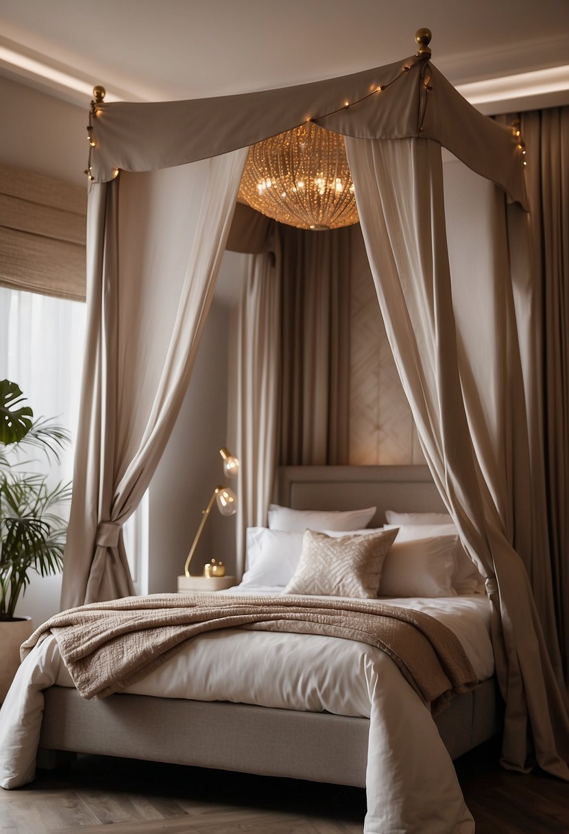 A luxurious canopy bed sits in the center of a spacious bedroom, surrounded by elegant furnishings and soft, ambient lighting