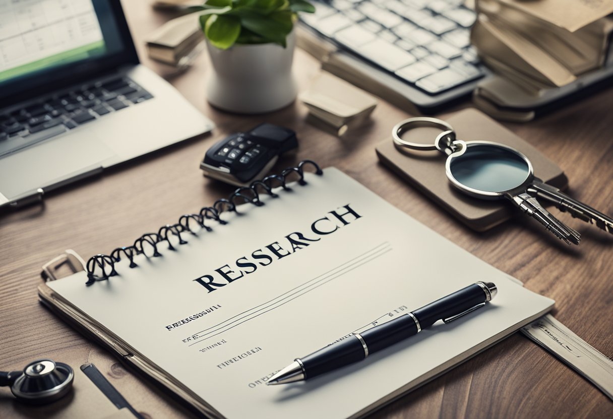 A laptop on a desk with a real estate website open, surrounded by house keys, a magnifying glass, and a notepad with keyword research