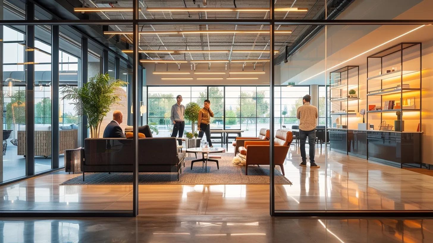 a modern office space with a sophisticated architectural layout showcases a team of professionals engaged in a collaborative discussion about renovation, restoration, and remodeling strategies, framed by sleek design elements and ambient lighting.