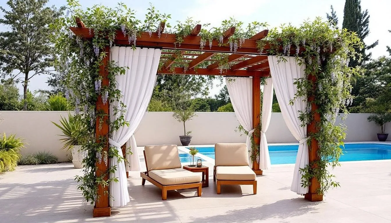 A stylish freestanding pergola stands beside a sparkling pool, adorned with climbing jasmine and wisteria plants, offering a serene outdoor living space. The pergola features retractable curtains and comfortable lounge chairs, creating an inviting outdoor oasis for relaxation and entertaining.