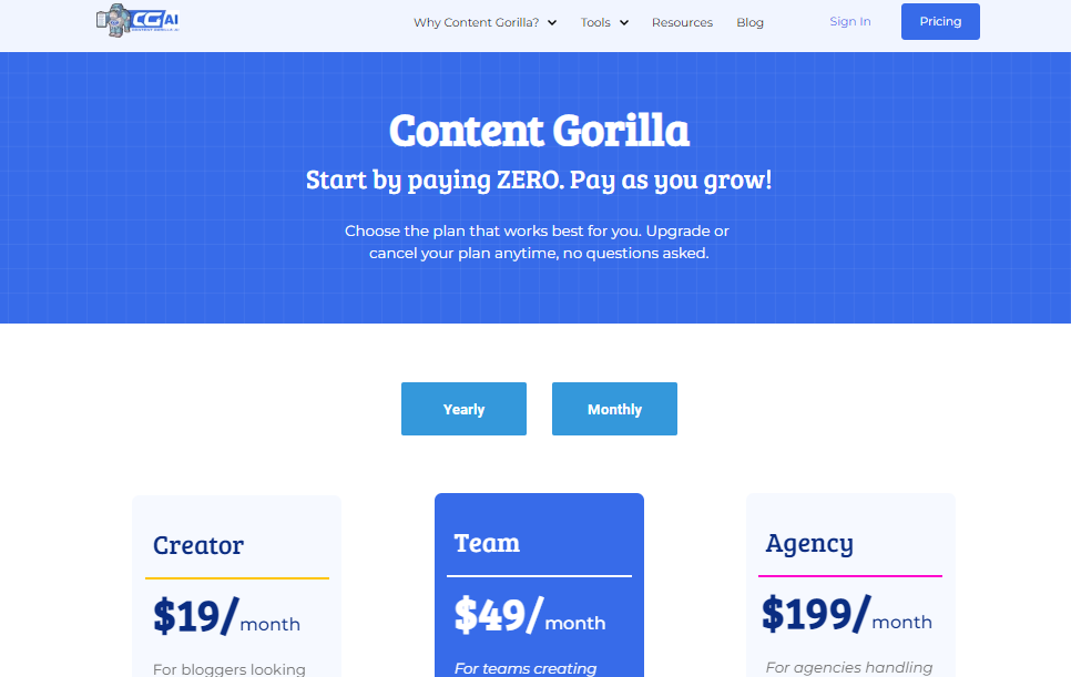 Content Gorilla AI pricing page