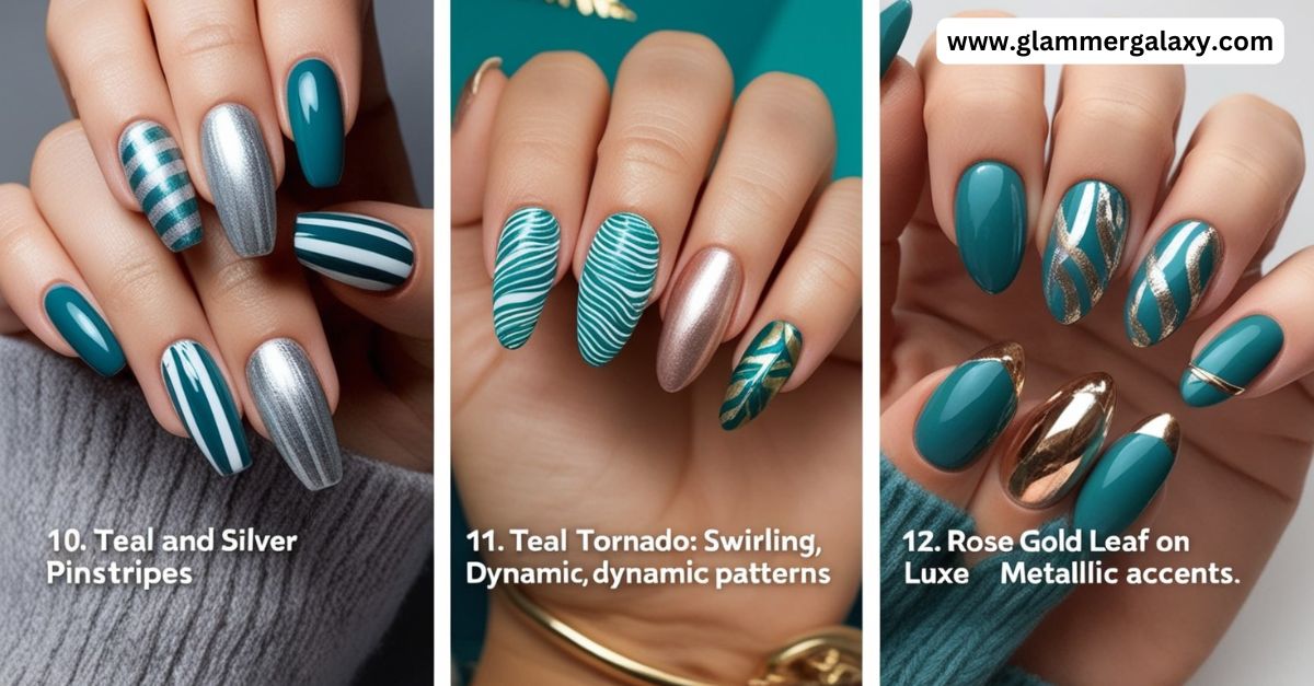 Three images showcasing nail art designs in teal, silver, and rose gold with patterns and metallic accents.