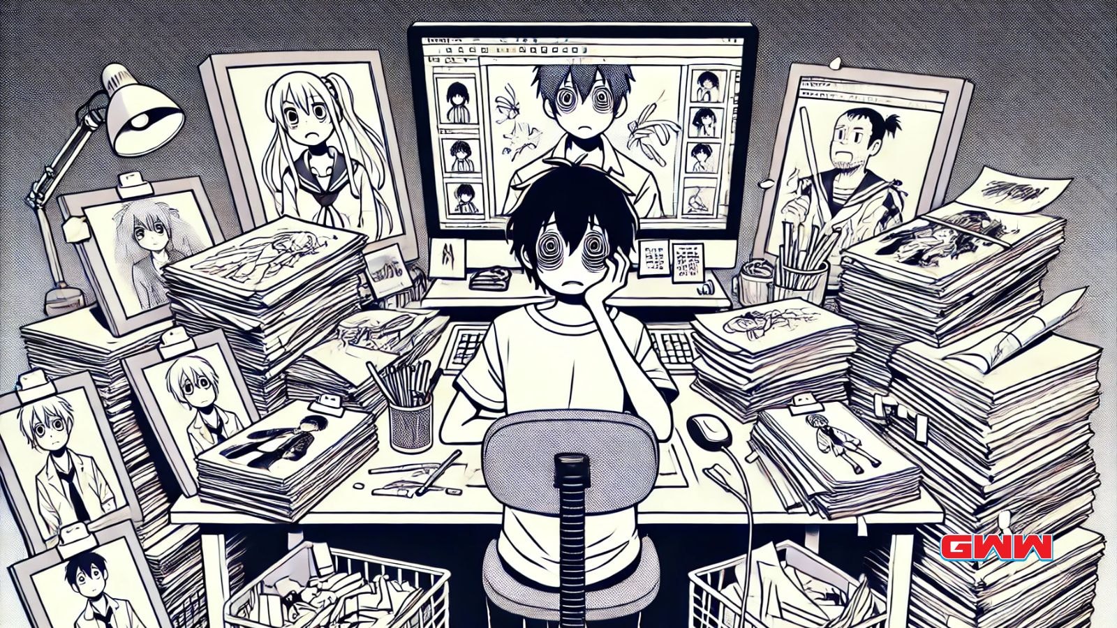 Why does modern anime look so bad: overworked animator at cluttered desk