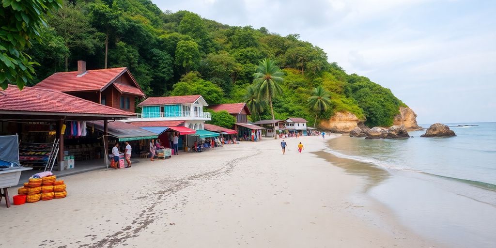 Lush Phuket beach with traditional Thai buildings and markets.