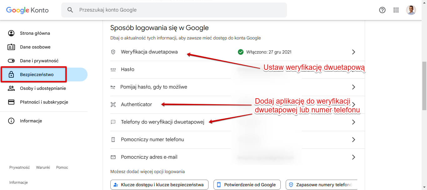 Ważne ustawienia bezpieczeństwa konta Google - weryfikacja dwuetapowa