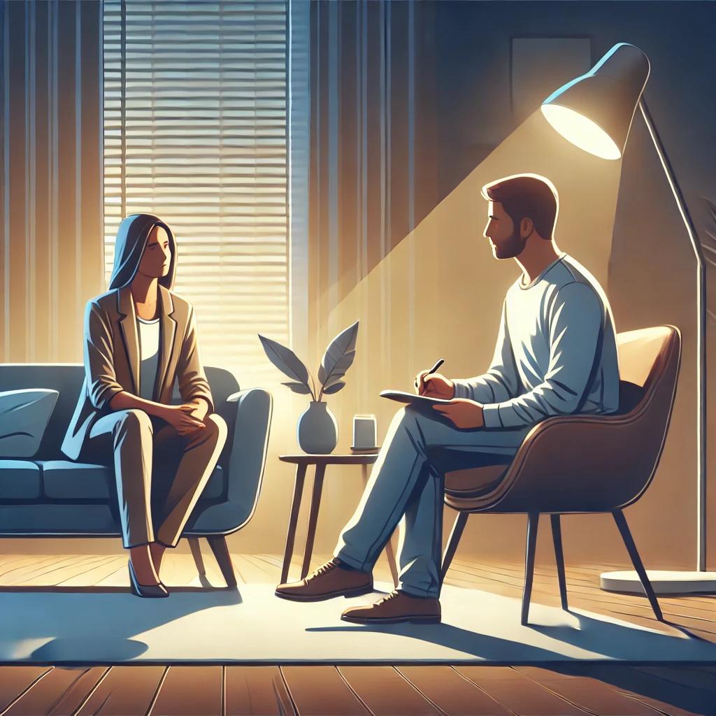 An illustration of a person in a therapy session, sitting with a professional therapist.