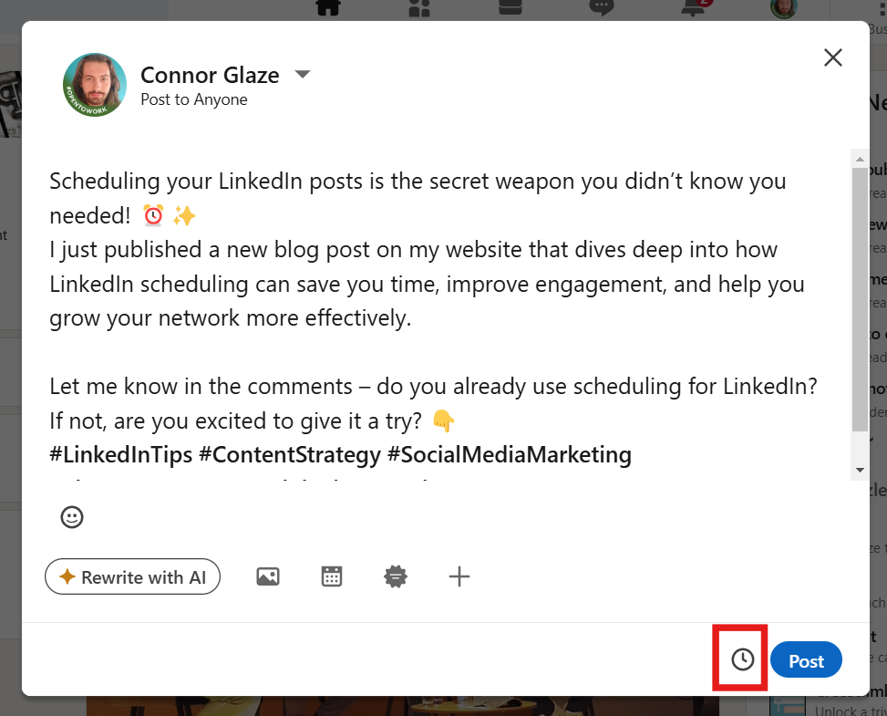 click on the clock icon to see scheduled linkedin posts