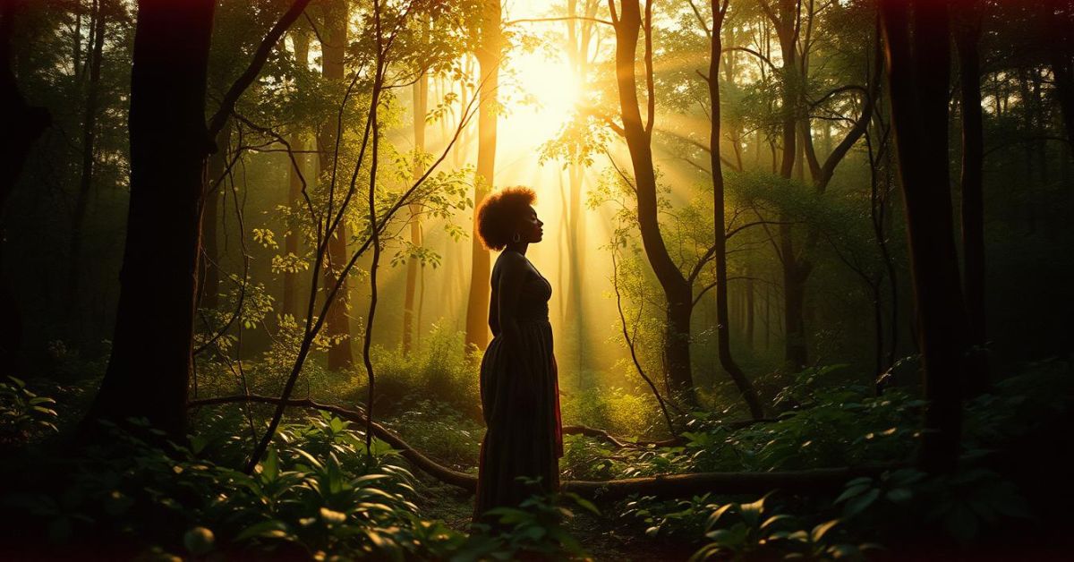 A woman stands in a sunlit forest, embodying the themes of Renewal and Rebirth amidst the vibrant greenery.