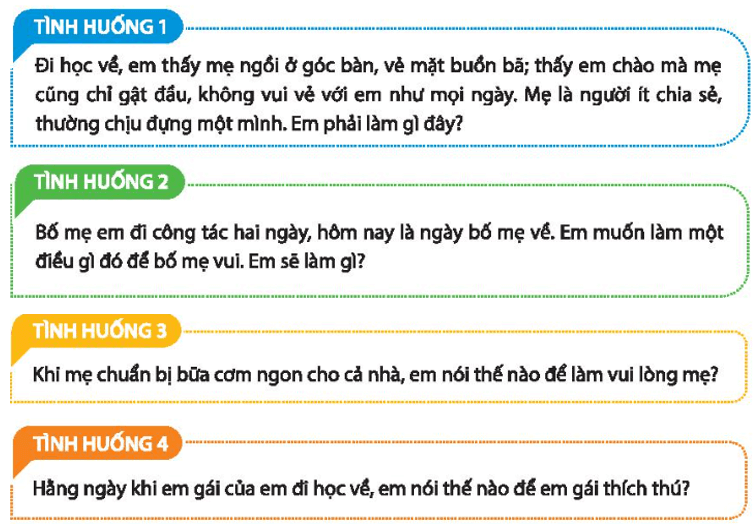 CHỦ ĐỀ 4: THỰC HIỆN TRÁCH NHIỆM GIA ĐÌNHNHIỆM VỤ 1: TÌM HIỂU NHỮNG VIỆC LÀM THỂ HIỆN TRÁCH NHIỆM CỦA BẢN THÂN ĐỐI VỚI GIA ĐÌNHBài 1: Chia sẻ những việc em đã làm thể hiện trách nhiệm của bản thân đối với gia đình.Gợi ý đáp án:+ Chăm lo học tập tốt, hoàn thành bài tập về nhà + Nghiêm chỉnh thực hiện các quy định của nhà trường+ Sống hòa nhập với bạn bè cộng đồng+ Có mục đích học tập định hướng tương lai nghề nghiệp rõ ràng.Bài 2: Xác định trách nhiệm của em đối với gia đình.Gợi ý đáp án:Trách nhiệm đối với bố mẹ, người thân- Quan tâm, chăm sóc bố mẹ và người thân.- Thực hiện những công việc hằng ngày trong gia đình.- Tham gia vào công việc chung của gia đình.Trách nhiệm giữ gìn truyền thống gia đình- Văn hoá ứng xử trong gia đình: Hiếu thảo; Yêu thương; Kính trên, nhường dưới; Sum họp vào những dịp lễ tết, ngày kỉ niệm.Bài 3: Chia sẻ về cảm xúc của người thân khi em thực hiện trách nhiệm với gia đình. Gợi ý đáp án:HS chia sẻ cảm xúcNHIỆM VỤ 2: TÌM HIỂU CÁCH ỨNG XỬ VỚI NHỮNG TÌNH HUỐNG GIAO TIẾP KHÁC NHAU TRONG GIA ĐÌNHBài 1: Nêu một số tình huống giao tiếp và cách ứng xử phù hợp trong gia đình em. Gợi ý đáp án:Khi vui vẻ:+ Hỏi thăm về câu chuyện đã đem lại niềm vui+ Thể hiện cảm xúc qua lời nói và biểu cảmKhi có chuyện buồn:+ Đặt bản thân vào vị trí của người để cảm thông và chia sẻ + Hỏi thăm, động viên, an ủi...Khi gặp vấn đề căng thẳng, khó khăn:+ Bình tĩnh+ Tìm ra nguyên nhân và giải pháp khắc phụcKhi có mâu thuẫn:+ Lắng nghe+ Tìm cách hòa giải một cách khéo léo Bài 2: Nêu những khó khăn thường gặp khi giao tiếp ứng xử trong gia đình.Gợi ý đáp án:Hs chia sẻ NHIỆM VỤ 3: THỰC HIỆN TRÁCH NHIỆM VỚI BỐ MẸ, NGƯỜI THÂN Bài 1: Thể hiện sự quan tâm, chăm sóc bố mẹ, người thân và chia sẻ kết quả thực hiện trong các trường hợp sau:Gợi ý đáp án:Khi bố mẹ, người thân bị ốm- Hỏi han- Mua thuốc- Nấu cháo- Đắp khăn ướtKhi bố mẹ, người thân đi công tác- Hỏi thăm- Chúc đi công tác tốt- Chuẩn bị hành líBài 2: Đóng vai thể hiện sự quan tâm, chăm sóc một cách tinh tế trong các tình huống sau:Gợi ý đáp án:Tình huống 1: Em sẽ lấy cho mẹ cốc nước, mời mẹ uống và sẽ ngồi xuống hỏi han và động viên mẹ cố gắng.Tình huống 2: Trong hai ngày đó, em sẽ ở nhà lau dọn nhà cửa sạch tinh tươm, thơm tho và làm hết tất cả bài tập.Tình huống 3: Khen mẹ nấu ăn ngon rồi cả nhà vui Tình huống 4: Em sẽ mua cho em cái bánh hoặc kẹo mút để em vui vẻ.Bài 3: Chia sẻ cảm nhận của em và người thân khi nhận được sự quan tâm, chăm sóc của gia đình.Gợi ý đáp án:- Cảm nhận của em: Rất vui vẻ và hạnh phúc NHIỆM VỤ 4: THỰC HIỆN CÔNG VIỆC NHÀBài 1: Thực hiện công việc nhà.Gợi ý đáp án:+ Nấu cơm giúp gia đình.+ Dọn dẹp nhà cửa.Bài 2: Thực hiện một số hoạt động lao động sản xuất trong gia đình phù hợp với bản thân…Gợi ý đáp án:+ Nuôi ao cá+ Chăn gà, lợn, vịt...Bài 3: Chia sẻ với thầy cô, bạn bè về những hoạt động lao động trong gia đình mà em đã thực hiện.Gợi ý đáp án:+ Trồng thêm cây ăn quả+ Nuôi ao cá tại nhà+ Chăn nuôi gà, lợn, vịtNHIỆM VỤ 5: ỨNG XỬ PHÙ HỢP VỚI CÁC TÌNH HUỐNG GIAO TIẾP TRONG GIA ĐÌNHBài 1: Đóng vai xử lí tình huống.Gợi ý đáp án:Tình huống 1: Em sẽ hỏi han tình hình học tập của em trai và dạy em học hành cẩn thận sau đó em kể việc bố mẹ cãi nhau vì việc học của em mà bảo em xin lối bố mẹ và hứa sẽ học hành nghiêm túc.Tình huống 2: Em sẽ nấu một bữa ăn thật ngon để chúc mừng mẹ.Tình huống 3: Em sẽ cảm thấy rất có lỗi và em sẽ xin lỗi bố và chạy đi dọn dẹp lại nhà cửa ngay tức khắc.Tình huống 4: Em sẽ cười thân thiện nói với mẹ với giọng thật vui vẻ là: “Vâng ạ! Mẹ yên tâm, con không đi chơi điện tử đâu ạ” cho mẹ ở nhà yên tâm.Tình huống 5: Việc làm của bố chỉ muốn giúp góc học tập của em cho gọn gàng, sạch sẽ hơn. Em sẽ cảm ơn bố Bài 2: Chia sẻ thêm về những tình huống ứng xử trong gia đình em. Gợi ý đáp án:+ Em quên bấm nút nồi cơm.+ Em đi chơi quên giờ về.NHIỆM VỤ 6: LAN TỎA TRÁCH NHIỆM VỚI TÌNH YÊU THƯƠNG TRONG GIA ĐÌNHBài 1: Trao đổi những việc làm thể hiện trách nhiệm với tình yêu thương của từng thành viên trong gia đình…Gợi ý đáp án:+ Thực hiện mong muốn của bố mẹ, ngưởi thân+ Ngoan ngoãn, yêu thương gia đìnhBài 2: Thiết kế một hoạt động chung để cả gia đình cùng tham gia và thể hiện trách nhiệm của từng thành viên trong gia đình.Gợi ý:- Tổ chức buổi liên hoan mừng sinh nhật ông bà, bố mẹ, anh chị em,...- Tổng vệ sinh nhà cửa chào đón năm mới.- Kỉ niệm ngày cưới của bố mẹ.Gợi ý đáp án:Ví dụ: Em sẽ tổ chức sinh nhật cho em trai.+ Mọi người trong gia đình sẽ được tụ tập nói chuyện và cùng ăn sinh nhật + Lên danh sách những đồ cần mua+ Cùng trang trí và tổ chức sinh nhật.Bài 3: Tổ chức thực hiện hoạt động chung đã thiết kế và chia sẻ kết quả.Gợi ý đáp án:Kết quả: Mọi người trong gia đình đều vui vẻ, mọi người được gắn kết hơn.NHIỆM VỤ 7: TỰ ĐÁNH GIÁ