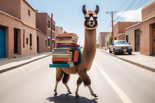 Premium Photo | A llama carrying a stack of books on his shoulders is  walking down a street