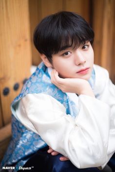 This contains an image of Park Jihoon's  with a black hair wearing a blue and white kimono