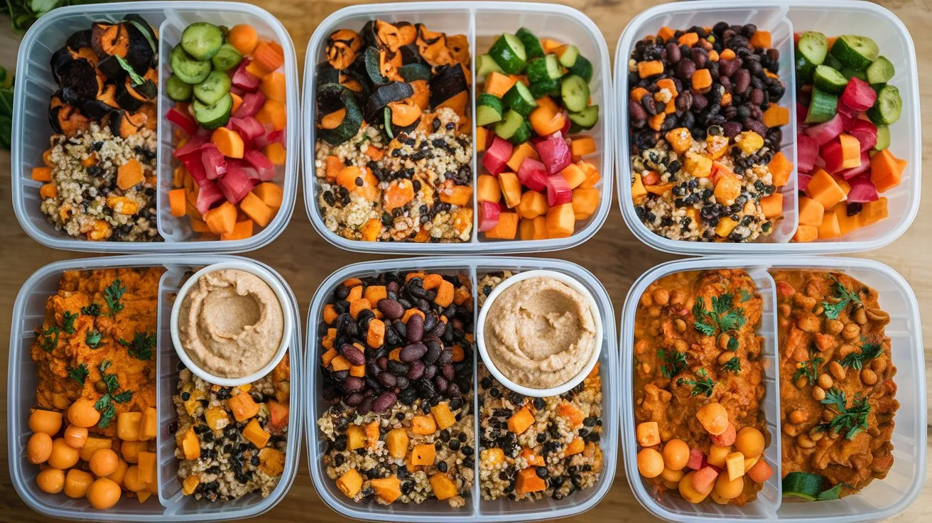 Healthy vegan meal prep containers with balanced portions of protein, carbs, and vegetables, ready for a week of meals.