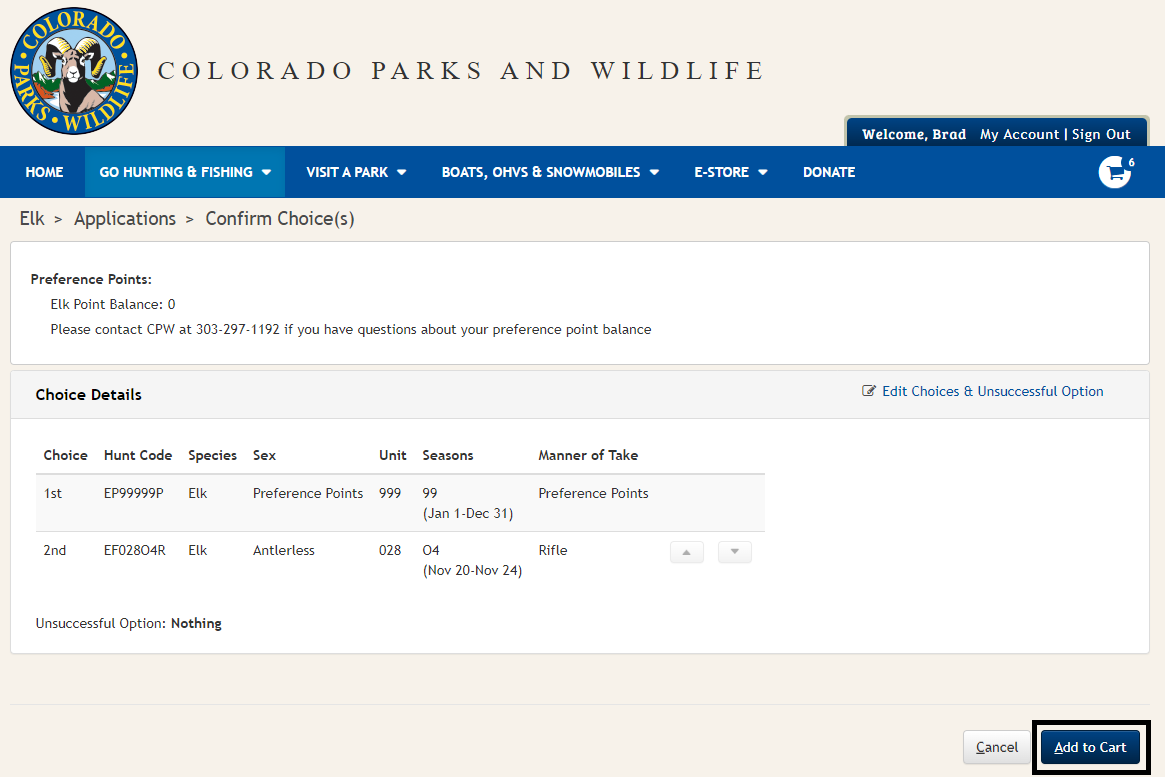 Review of the preference point code and hunt code entered from the previous page