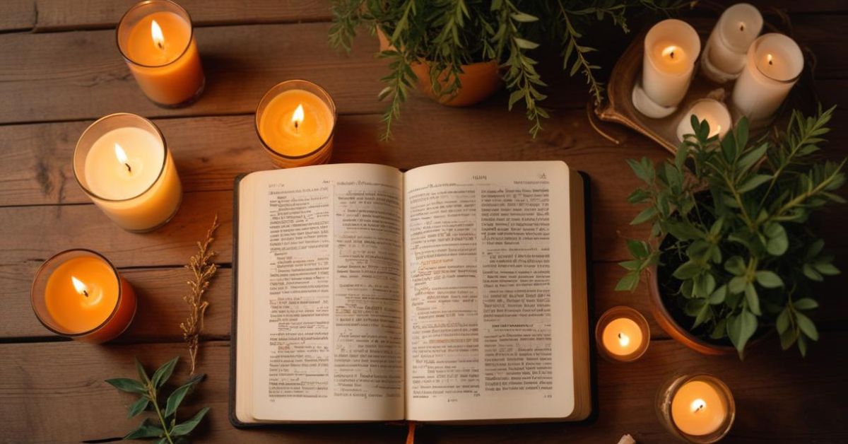 An open Bible surrounded by lit candles, symbolizing reflection on Bible Verses About the God of All Comfort.
