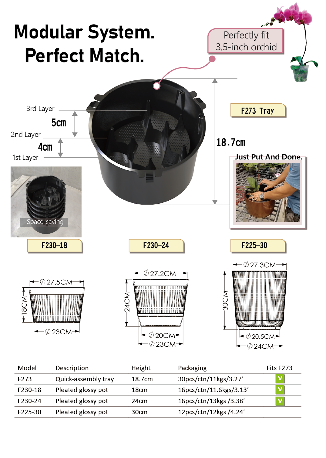Modular tray system with size-matched orchid pots – perfect for 3.5-inch orchids, easy stacking and export-ready setup