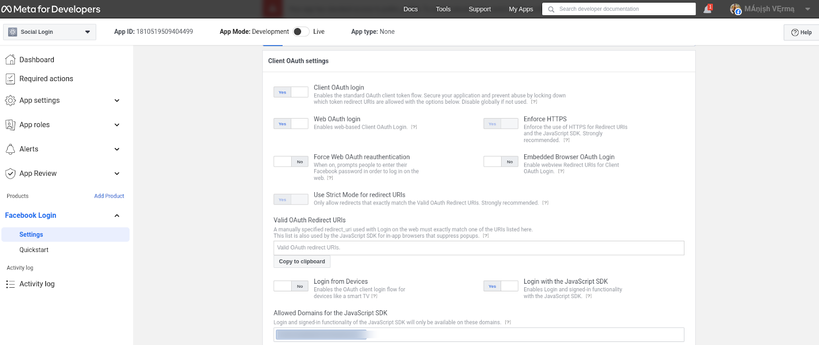 Facebook Developer Client OAuth Settings