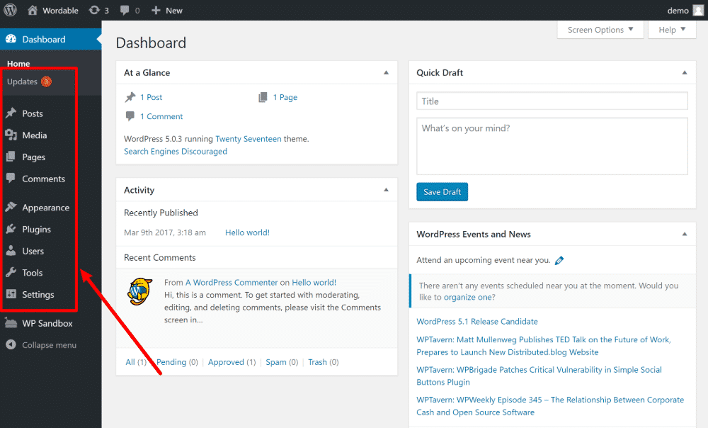 WordPress Admin dashboard with sidebar menu.