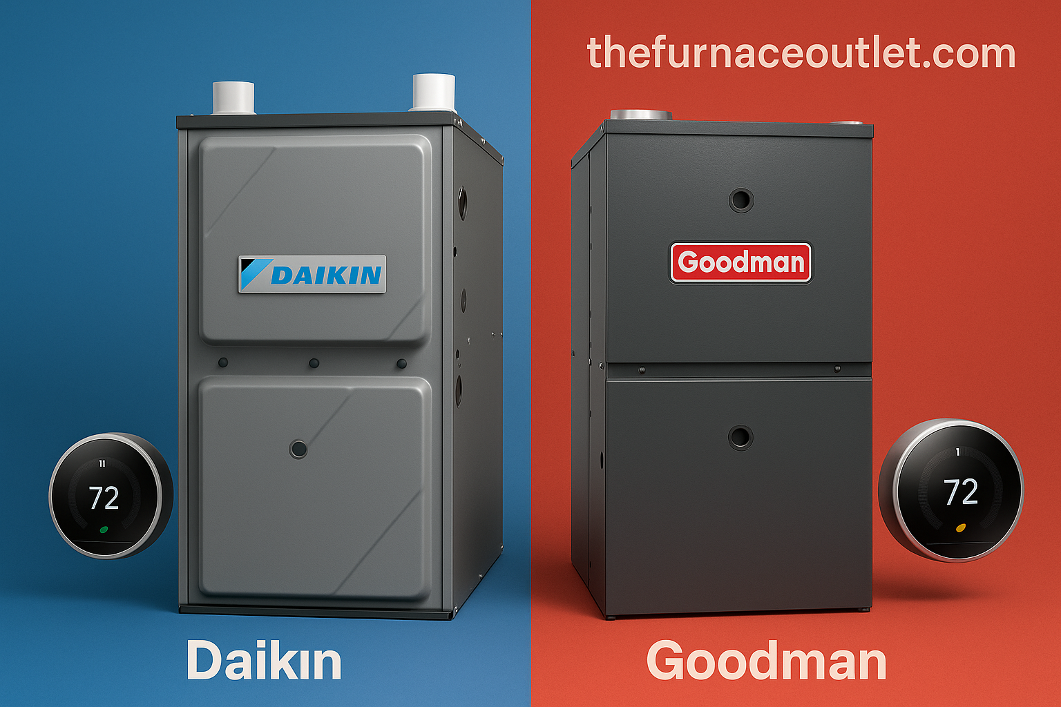 Daikin and Goodman furnaces displayed side by side with smart thermostats, set on blue and red backgrounds, symbolizing two reliable heating options from The Furnace Outlet