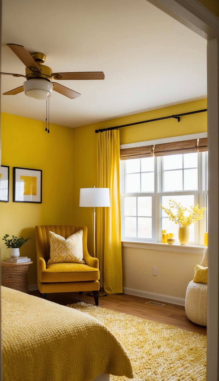 A cozy yellow bedroom with a goldenrod accent chair, warm lighting, and pops of yellow decor throughout the room