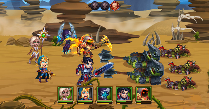 Hero Wars characters facing off on a rocky battlefield.