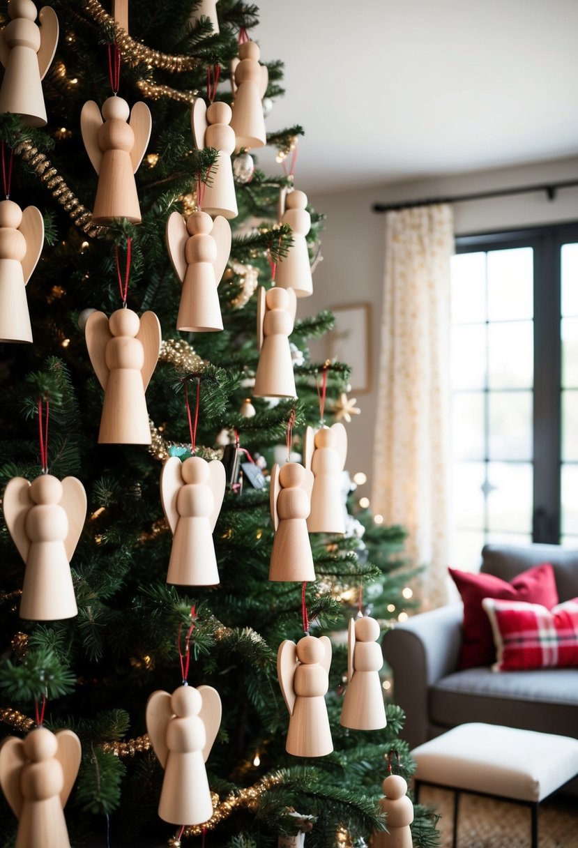 A cozy living room adorned with 24 handcrafted wooden angels hanging from a beautifully decorated Christmas tree