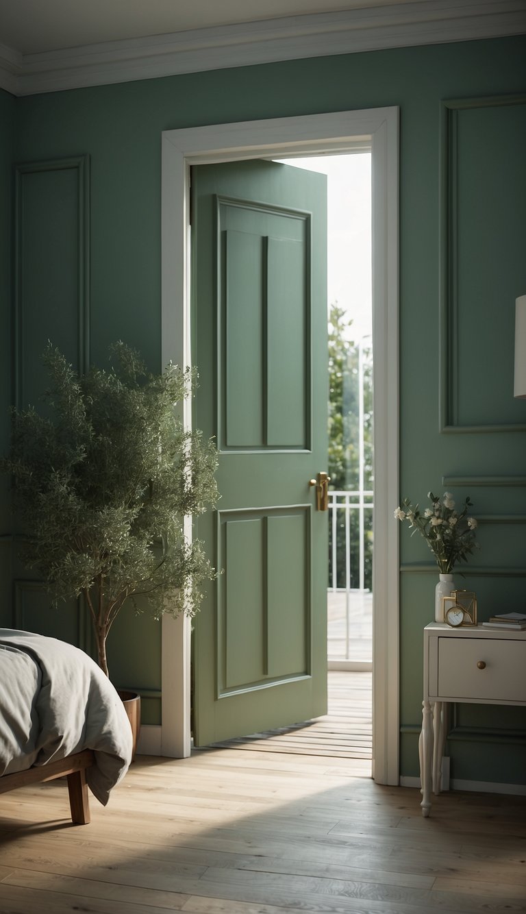 The door is being painted sage green in a bedroom