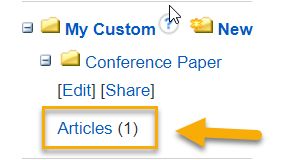 screenshot of the Ebsco Database folder tree with a box and arrow pointing to the "Articles" folder