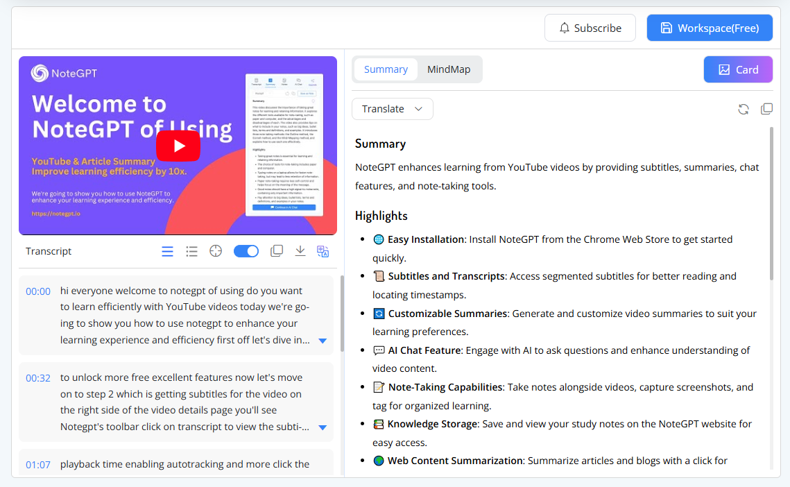 NoteGPT Free YouTube Transcript Generator