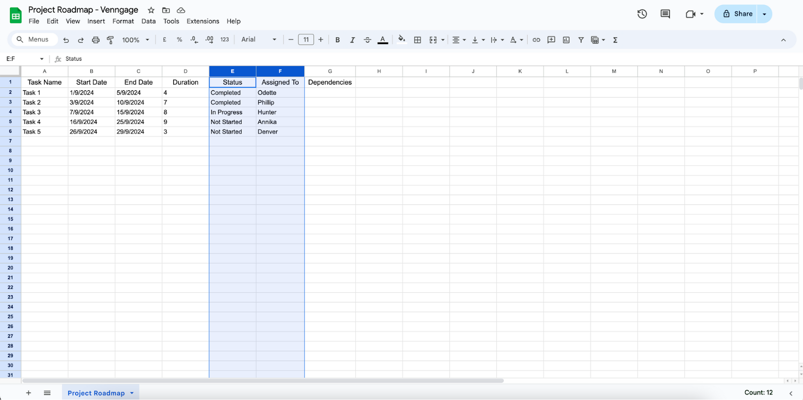 Filling status ona project roadmap