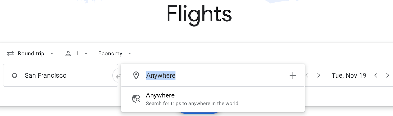 Screenshot of Google Flights using the "Anywhere" option