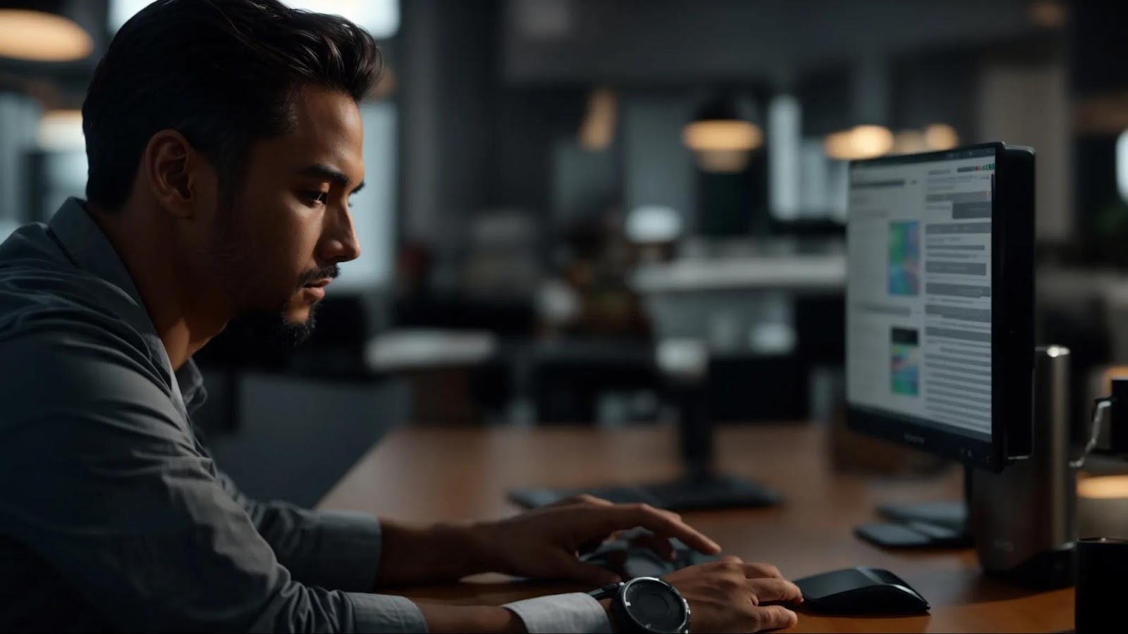 a business owner analyzing a computer screen with a serious expression, reporting and removing inappropriate google reviews to uphold their online reputation.